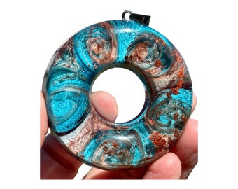 Unique Artisan Handmade Colorful Abstract Epoxy Resin Donut Pendant Necklace, Blue, Copper,and White, Round Swirl Statement Necklace