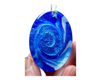Unique Handmade Colorful Abstract Epoxy Resin Pendant Necklace, Blue and White, Oval