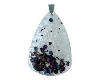 Unique Handmade Black and White Abstract Hand Poured Epoxy Resin Teardrop Pendant Necklace, with Black Glitter