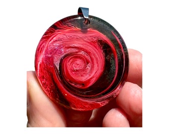 Unique Handmade Colorful Abstract Epoxy Resin Pendant Necklace, Red and Black Wearable Round Art