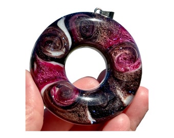 Unique Handmade Colorful Abstract Epoxy Resin Donut Pendant Necklace, Red, Black, ,and White, Round Statement Necklace