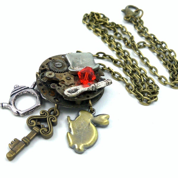 Steampunk Necklace, Vintage Pocket Watch, Alice in Wonderland, Bronze