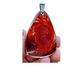 Unique Handmade Colorful Abstract Epoxy Resin Pendant Necklace, Orange and Smoky , Teardrop