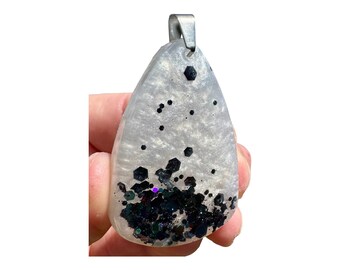 Unique Handmade Black and White Abstract Hand Poured Epoxy Resin Teardrop Pendant Necklace, with Black Glitter