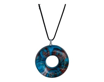 Unique Artisan Handmade Colorful Abstract Epoxy Resin Donut Pendant Necklace, Blue, Copper,and White, Round Swirl Statement Necklace