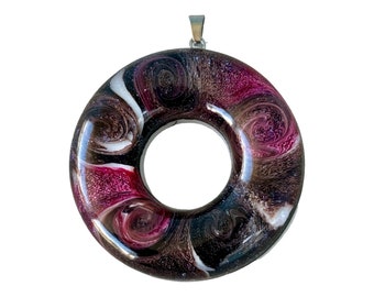 Unique Handmade Colorful Abstract Epoxy Resin Donut Pendant Necklace, Red, Black, ,and White, Round Statement Necklace