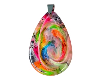 Unique Handmade Colorful Abstract Epoxy Resin Teardrop Pendant Necklace, One of a Kind Gift