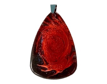 Unique Handmade Colorful Abstract Epoxy Resin Pendant Necklace, Orange and Smoky , Teardrop