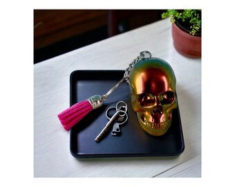 Custom Epoxy Resin Skull Keychain with Leather Tassel: Handcrafted Statement Accessory - Trendy, Unique, Made-to-Order