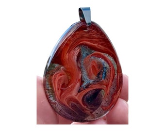 Unique Handmade Artisan Colorful Abstract Flames  Epoxy Resin Pendant Necklace, Orange and Smoky Original Hand Poured Teardrop Design