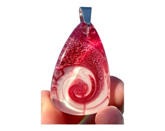 Unique Handmade Colorful Abstract Epoxy Resin Pendant Necklace, Red and White, Teardrop