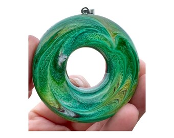 Unique Handmade Colorful Abstract Epoxy Resin Donut Pendant Necklace, Yellow and Green, Round Statement Necklace