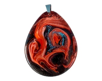 Unique Handmade Artisan Colorful Abstract Flames  Epoxy Resin Pendant Necklace, Orange and Smoky Original Hand Poured Teardrop Design