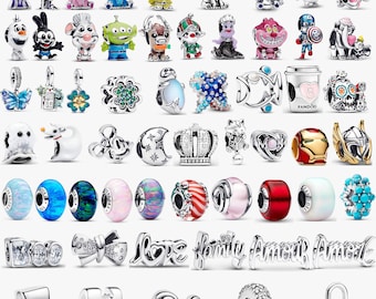 Abalorios para pulseras Pandora: cuentas con personajes de dibujos animados, colgantes, cuentas espaciadoras de cristal de Murano, abalorios de plata de ley con forma de corazón o familia.
