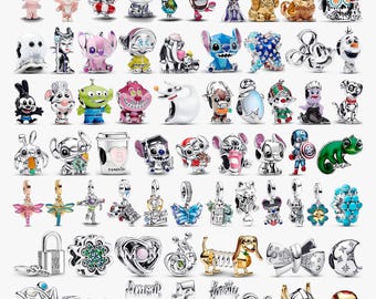 May include: A collection of assorted metal and enamel charms featuring various Disney characters, animals, floral motifs, and script words like Amour, Family, and Love, designed for bracelets with integrated loops and clasps.