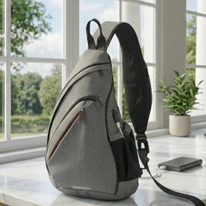 Pode incluir: Uma mochila transversal cinzenta em forma de gota, com vários compartimentos com fecho e puxadores castanho-escuros, uma alça larga e almofadada, um bolso lateral de rede preta e uma porta de carregamento externa com cabo branco.