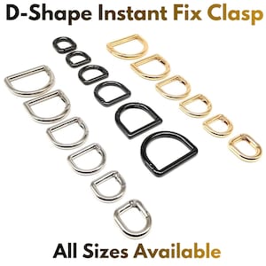 Könnte beinhalten: Eine Sammlung von D-förmigen Instant-Fix-Verschlüssen in silbernen, schwarzen und goldenen Metallausführungen, die in Reihen angeordnet sind. Das Bild enthält den Text D-Shape Instant Fix Clasp und All Sizes Available. Diese Metallbeschläge haben eine Öffnung.