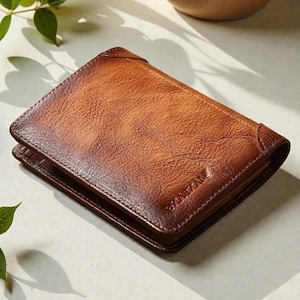 Könnte beinhalten: Ein braunes Lederportemonnaie mit strukturierter Oberfläche. Das rechteckige Portemonnaie ist gefaltet. Das Wort "ZABIAN" ist in der unteren rechten Ecke eingeprägt. Es ist für Bargeld und Karten konzipiert.