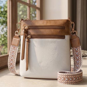 May include: A two-tone crossbody bag featuring a white main body and a tan top panel with two horizontal zipped pockets. The bag includes long tan zip pulls and a wide, detachable shoulder strap with a multi-coloured chevron pattern.