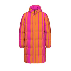May include: A long, quilted puffer coat featuring a vibrant vertical striped pattern in alternating bright orange and hot pink. The garment includes a high collar, a full-length front zipper closure, and a hood, providing a structured silhouette.