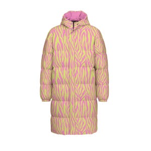May include: A long, quilted puffer coat featuring a vibrant neon yellow and pink zebra stripe pattern. The garment includes a hood with a solid pink interior lining, long sleeves with elasticized cuffs, and a full-length front zipper closure.