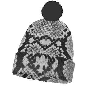 May include: A knit beanie featuring a black and white snakeskin pattern throughout the fabric. The hat includes a wide, folded ribbed cuff at the base and a large, solid black pom-pom attached to the very top centre of the crown.