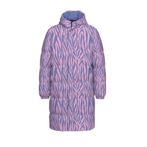 May include: A long, quilted puffer coat featuring a light pink and periwinkle blue zebra stripe pattern. The garment includes a hood, long sleeves with elasticized cuffs, and a front zipper closure concealed by a placket, extending to the mid-thigh.