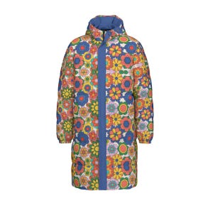 May include: A long-length puffer coat featuring a vibrant, multi-colored floral pattern with yellow, red, pink, and blue flowers on a white background. The coat includes a solid blue vertical front placket, a hood, and long sleeves with elastic cuffs.