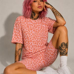 Pink Leopard Matching Set | 90s Animal Print Inspired Biker Short Outfit | Cute Oversized Tee & Shorts Set | Maximalist Lounge Wear