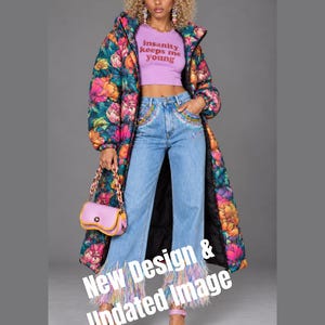 Dark Floral Puffer Coat, Colorful Botanical Winter Jacket, Long Hooded Coat, Maximalist Statement Outerwear, Dopamine Fashion