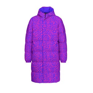 May include: A long, quilted puffer coat featuring a vibrant neon pink and purple leopard print pattern. The garment includes a high collar, a hood with a solid purple interior lining, long sleeves, and a front zipper closure hidden by a placket.