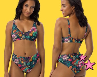 Bikiniset met neonbloemen, hoog getailleerd badpak, kleurrijke badmode met bloemen, tweedelig badpak met opvallende print, tropische vakantiebikini