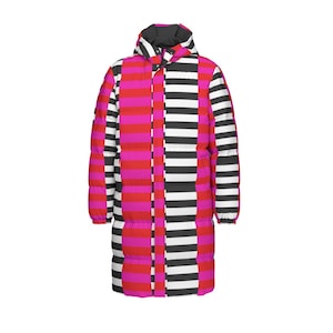 May include: A long-length puffer coat featuring a hood and a bold, asymmetrical striped pattern. The left side displays horizontal stripes in vibrant red and bright pink, while the right side features horizontal stripes in high-contrast black and white.