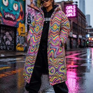 Può includere: Un lungo cappotto imbottito con cappuccio caratterizzato da un vivace motivo psichedelico ondulato multicolore nei toni del rosa, giallo, blu e viola. Il cappotto è indossato sopra una felpa nera con cappuccio, pantaloni neri larghi e sneakers platform nere.