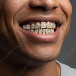 Iced Out Full Diamond Fang Grillz Full Diamond Fang Grillz Set, Gold Plated Iced Out Teeth, Silver Hip Hop Mouth Bling, Pave CZ Fake Teeth