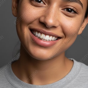 Pode incluir: Close-up de uma pessoa sorrindo, mostrando uma joia de dente de ouro em forma de coroa. A joia é adornada com pequenas pedras brilhantes. A pessoa está vestindo uma camiseta cinza.