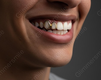 Minimalist Tooth Frames Gold Open Face 2 Tooth Grillz, Hollow Geometric Tooth Frames Star Cutout Backing Hip Hop Mouth Jewelry Smooth Grills