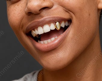 Gold Single Vampire Fang Grillz, 14K Plated Pointed Canine Caps, Hip Hop Mouth Jewelry, Unisex Fake Gold Fangs, Trendy Festival Accessories