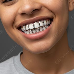 May include: A close-up of a person smiling, showcasing a set of silver-colored dental grills. The grills cover the upper and lower teeth, with a bright, reflective surface. The teeth within the grills appear white.