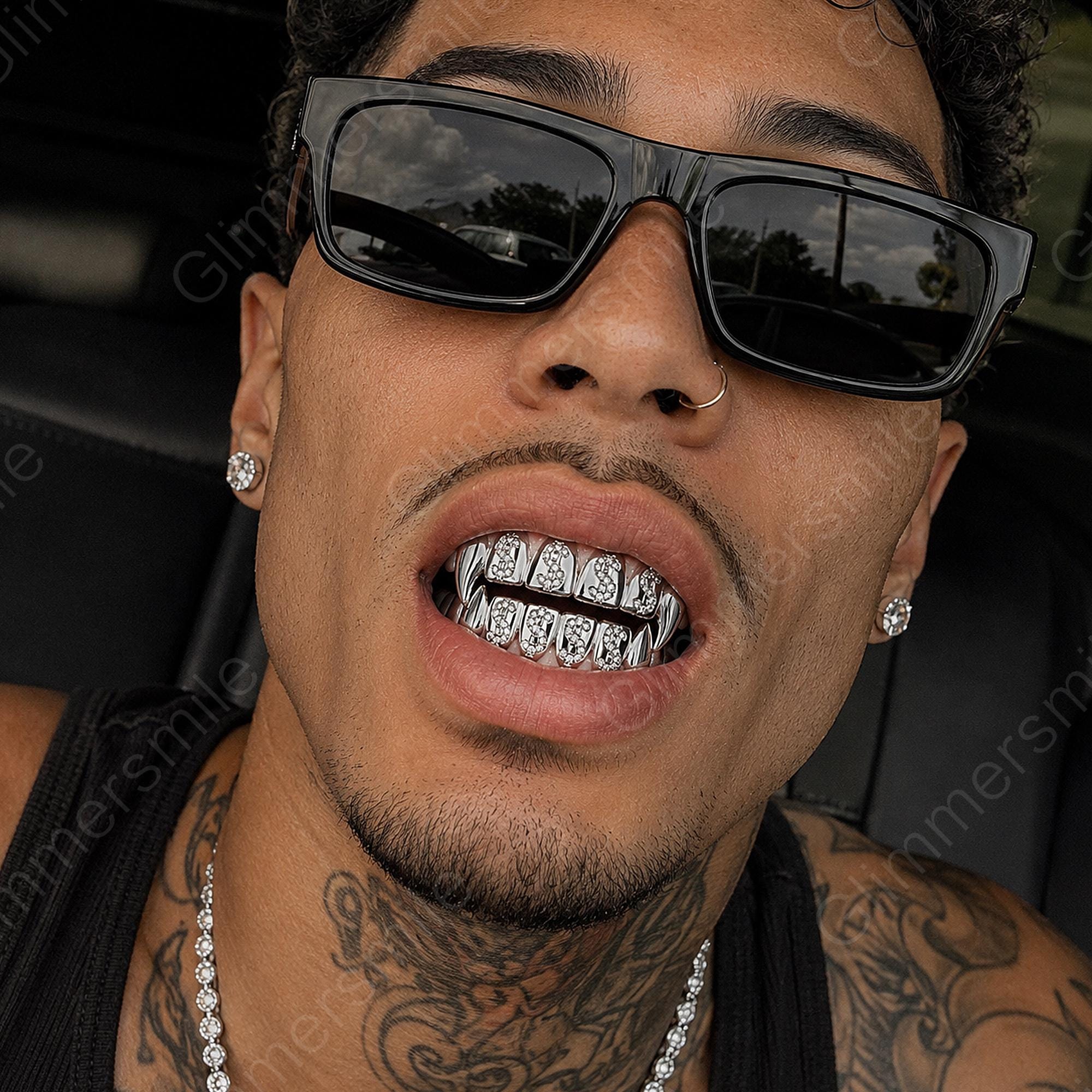 Fang Rapper Iced Out Vampire Fang Grillz Set Gold Silver Hip Hop Teeth Caps Full ...