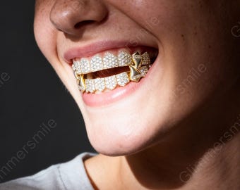 Grillz Presas de Vampiro para Halloween, Cravejado de Zircônias, Estilo Hip Hop, Banhado a Ouro 18K, Joias para Fantasia de Drácula