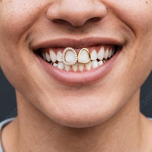 Iced Out-grills open grillz 2 tanden, steruitsparing diamant ovale tandkapjes, asymmetrisch verguld, hiphop mondsieraden, goud zilver