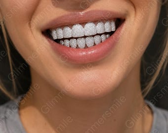 Juego de 8 parrillas dentales de lujo totalmente cubiertas de circonitas / Fundas dentales de oro de 14 quilates y plata con diamantes de circonita cúbica. Joyería bucal para raperos y amantes del hip hop. Regalo llamativo para festivales y raves.