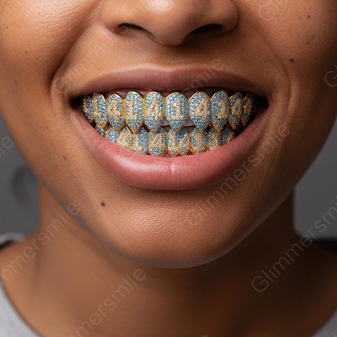 Iced Out Numbers Grillz Set, Vampire Fang Teeth Caps With Blue CZ ...