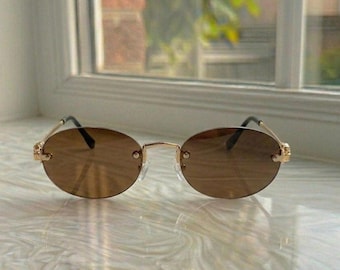 Y2K Oval Randlose Sonnenbrillen, Vintage Sonnenbrillen für Frauen, Retro Fashion Brillen