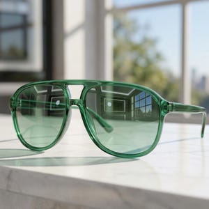May include: Aviator sunglasses featuring a translucent emerald green plastic frame and matching green gradient lenses. The design includes a double bridge across the top, providing a classic silhouette with a vibrant, monochromatic green aesthetic.