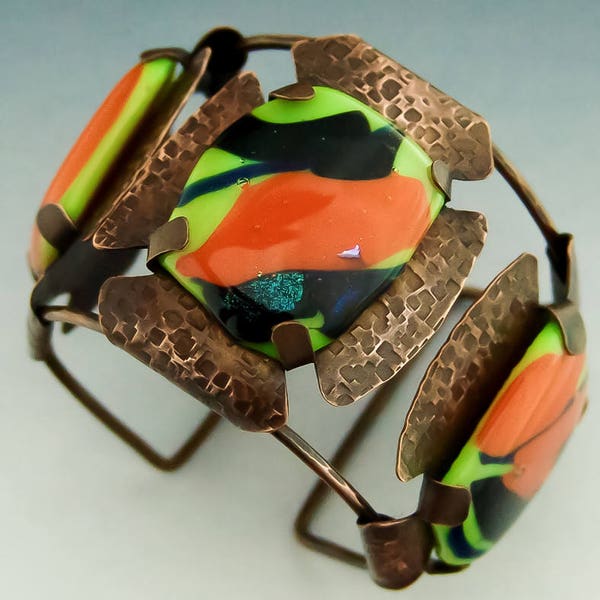 Copper wire cuff with tension set fused glass cabochons DIY PDF Tutorial