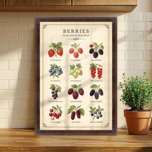 Berry Patch Food Chart Print, Strawberry Raspberry Blackberry Wall Art, Kitchen Poster