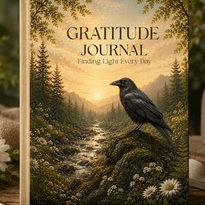 Op de afbeelding: Een dagboek met harde kaft en een illustratie van een zwarte raaf op een bemoste rots naast een beekje in een bos bij zonsondergang. De tekst op de kaft luidt: GRATITUDE JOURNAL Finding Light Every Day in goudkleurige letters.