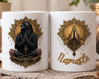 Taza de café Namaste Crow / Taza de cuervo espiritual / Taza de café para meditación / Amante de los cuervos / Taza de café boho / Taza zen / Taza mandala / Regalo zen